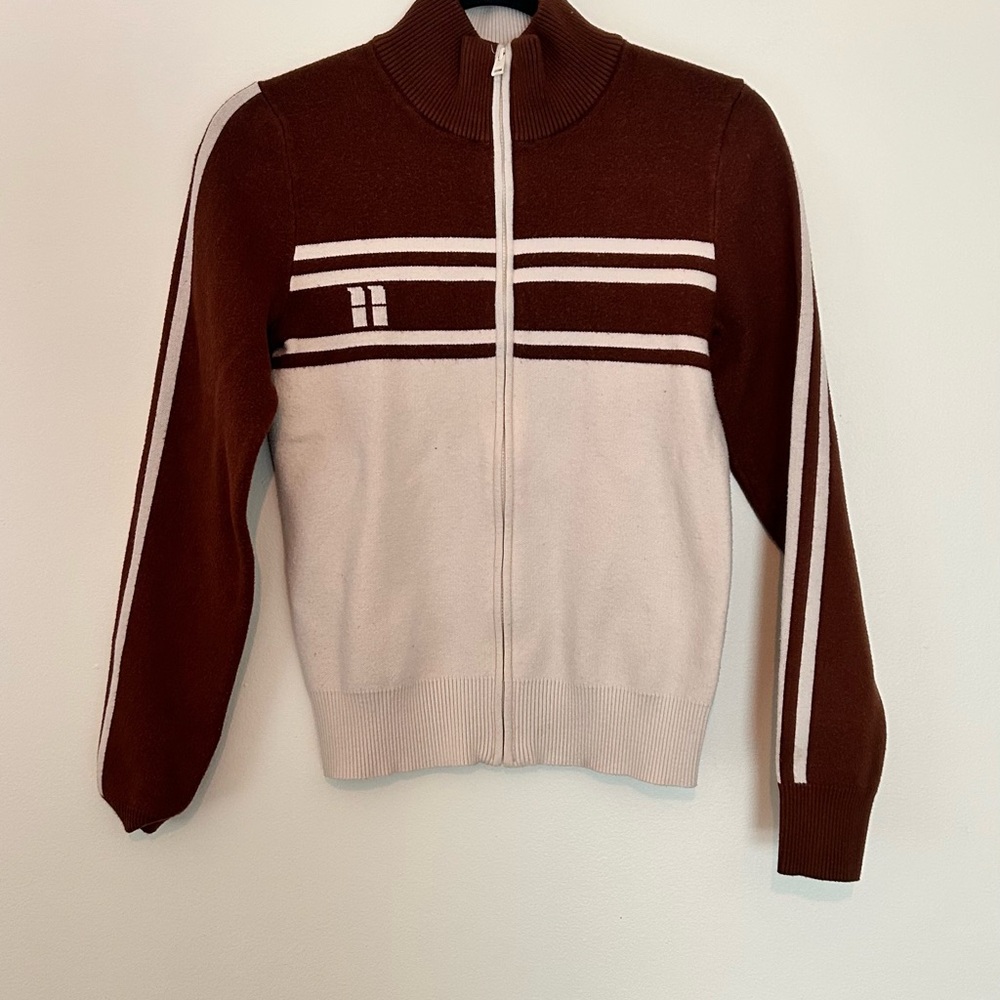 Brown and Cream Zip Up Jacket with Retro Athletic Style